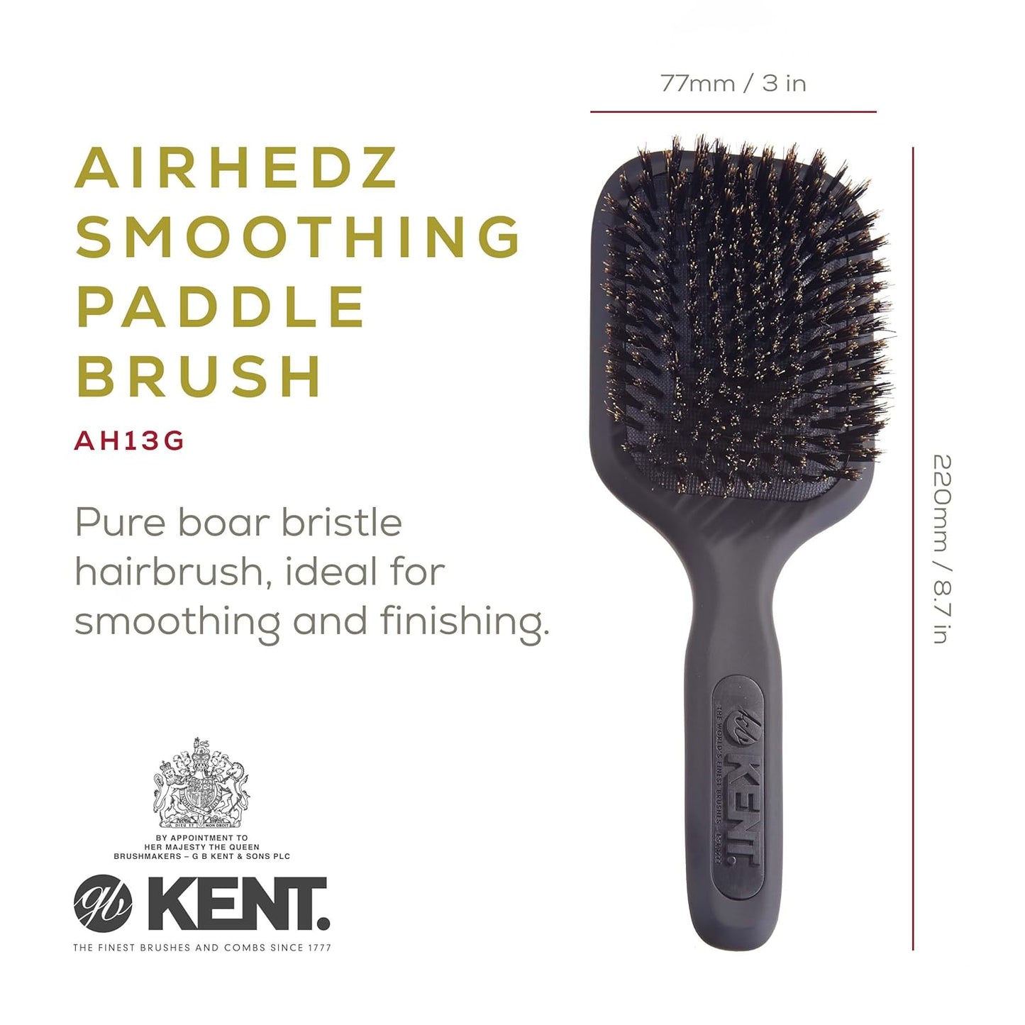 Kent AH13G Airhedz Pro Pure Bristle Paddle Brush - Medium Grey Detangler for Curly, Thick & Wet Hair