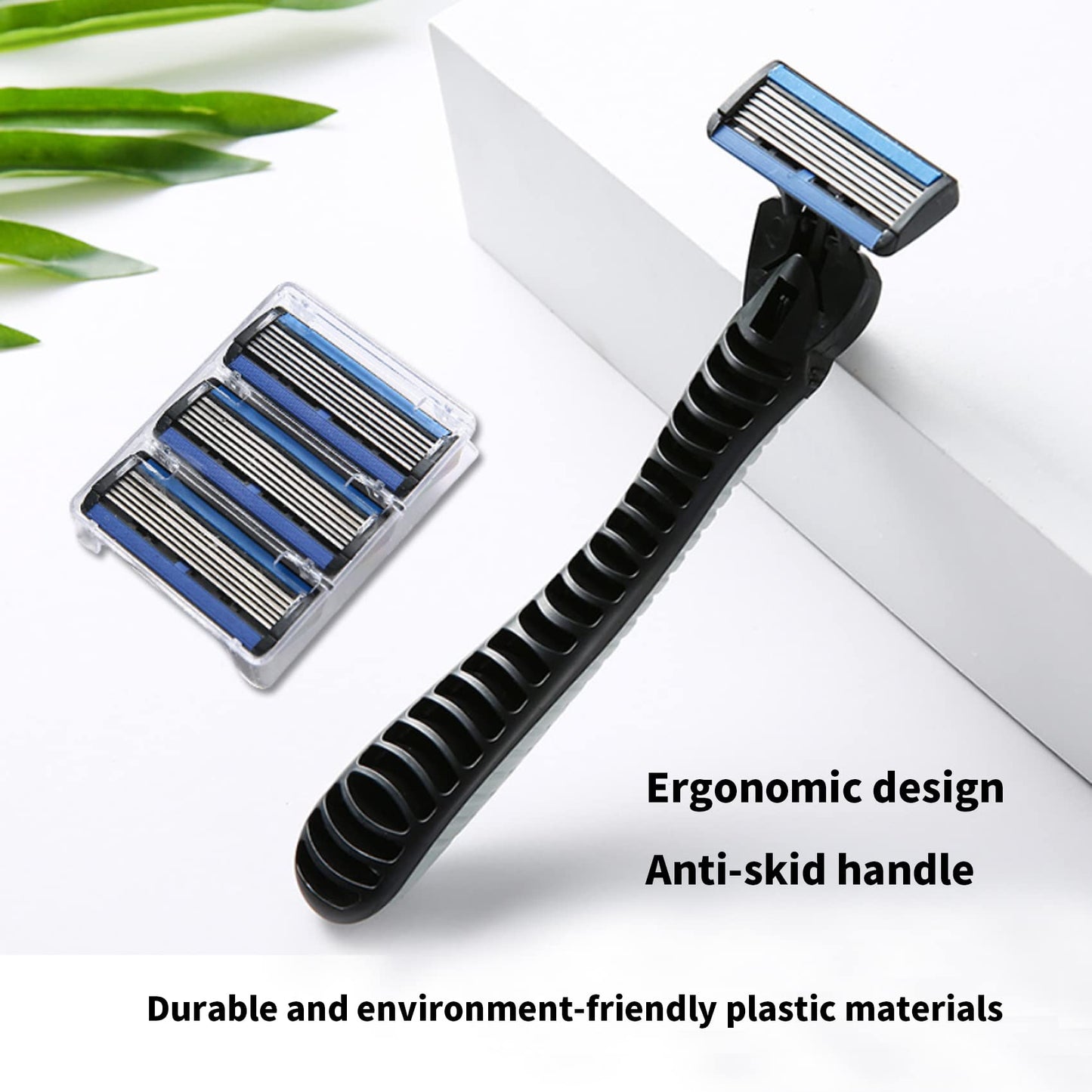 6-Blade Razor,Plastic Anti-slip Men Manual Refill Cartridges razors, Reusable Face Cleansing Care Tool, 30 pcs refill cartridges, Shave Supplies for Men and Women - Black