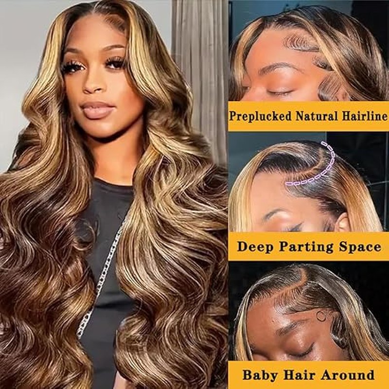 Highlight Ombre Lace Front Human Hair Wig - Pre-Plucked Body Wave 4/27 Colored Honey Blonde - 13x4 HD Lace Frontal 180 Density Glueless for Women - 24 Inch
