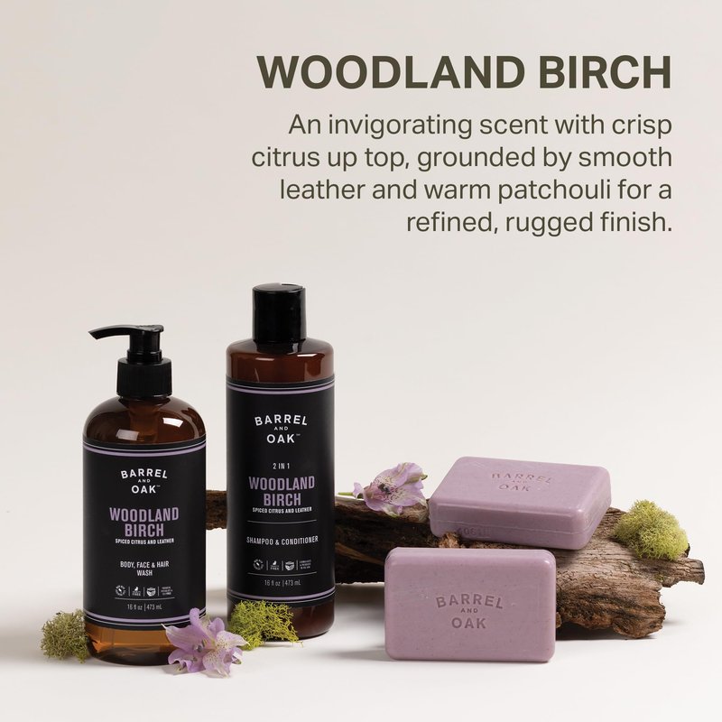 Barrel & Oak Woodland Birch Body Care Set for Men, All-in-One Body Wash, Exfoliating Bar Soap, & 2-in-1 Shampoo and Conditioner Set, Hydrating Grooming Kit, Vegan Gifts for Men, 3-Pack