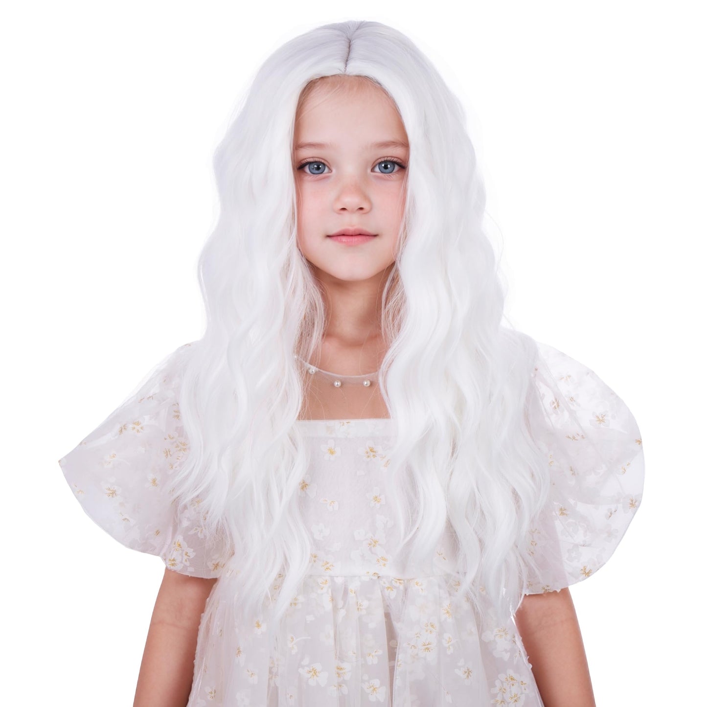 Edivd White Wig for Girls Kids Long White Wavy Curly Wig Middle Part Wigs for Child Heat Resistant Synthetic Wigs with Cap