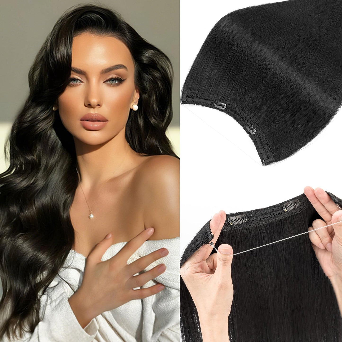 Rich Choices 100% Real Human Halo Hair Extensions for Women Remy Halo Extension Invisible Wire Hairpiece Clip in One Piece Hairpiece Upgrade Adds Weight 65g 12 Inch #01 Jet Black
