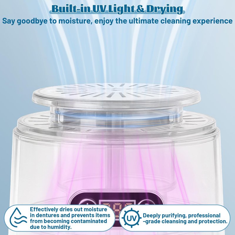 MALLMALL6 Ultrasonic Retainer Cleaner with UV & Air-Drying, 45kHz Portable Dental Retainer Machine with 3 Timing Modes, Dental Cleaning Pod for Dentures Mouth Guards Braces Aligner Jewelry