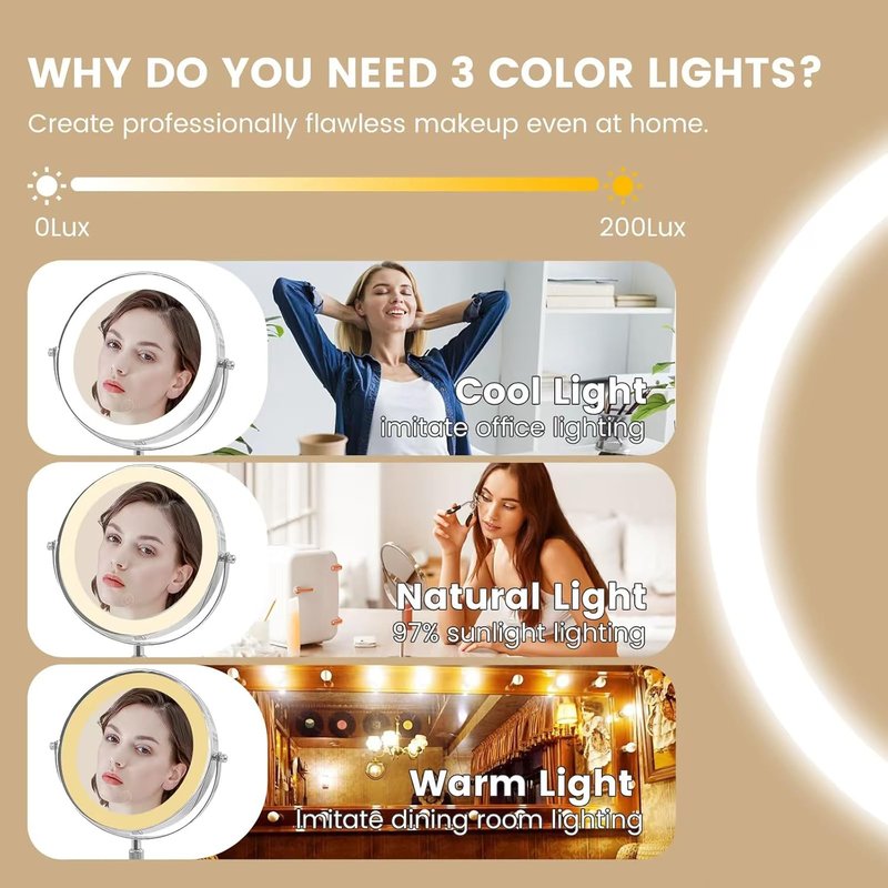 Lighted Makeup Mirror - 10x/1x Magnification, 3 Color Options | Rechargeable, 8-Inch Height Adjustable & 360° Rotatable