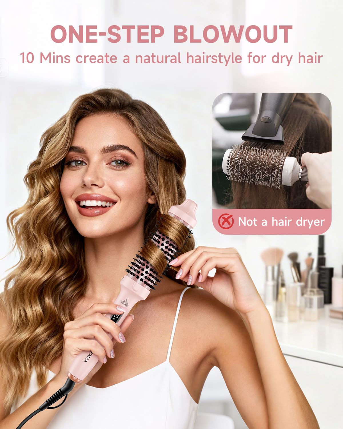 Thermal Brush, FLYZEMAA 1.5 Inch Heated Round Brush for Long Dry Hair, Heated Brushes Straightener with 3 Temp Settings, Blowout Brushes for Curling & Volumizing, Anti-Scald Nylon Bristles(Pink)