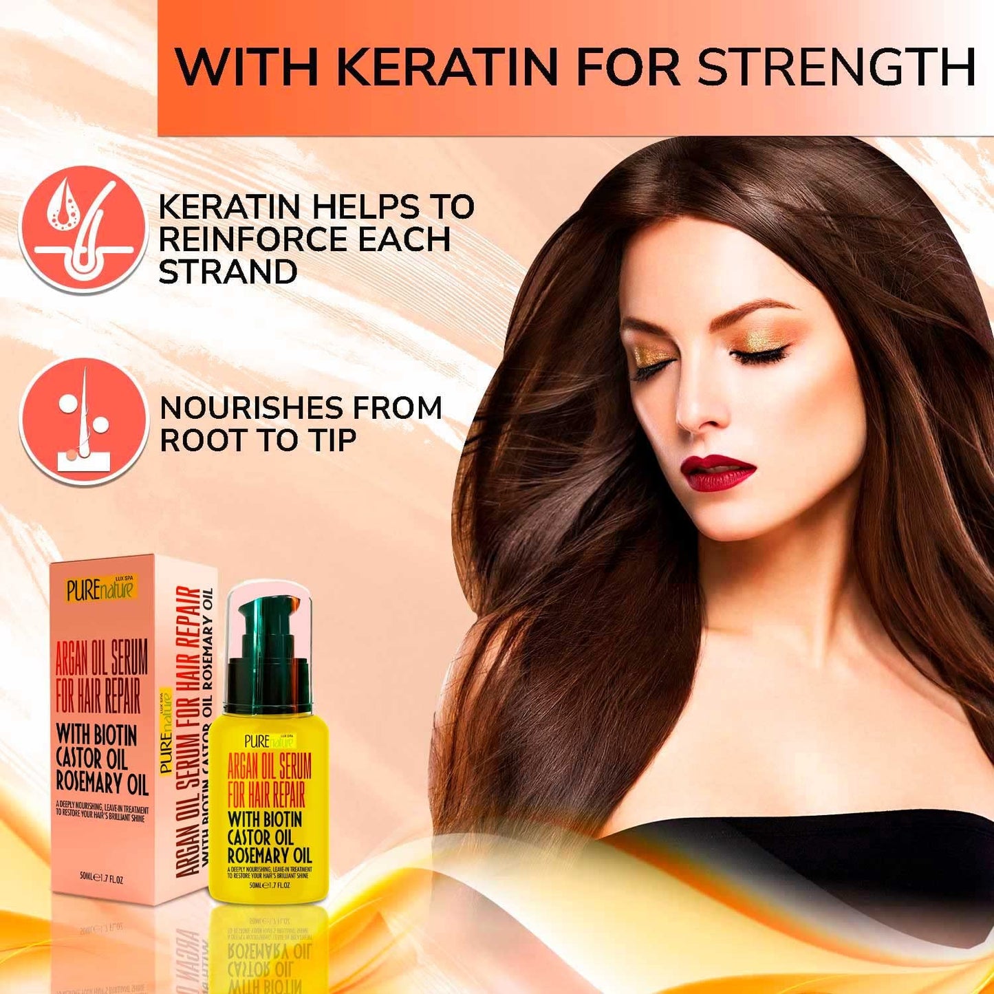 PURE NATURE Moroccan Argan Oil Shampoo and Conditioner and Hair Serum with Biotin, Castor, Rosemary Oil