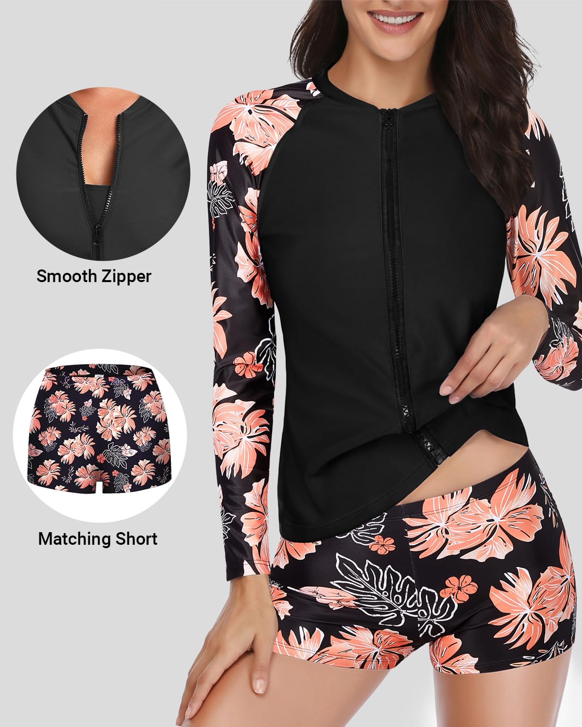 Holipick Black Floral Print Women 2 Piece Long Sleeve Rash Guard Swimsuit Sun Protection Bathing Suit Zip up Swim Shirt with Shorts L