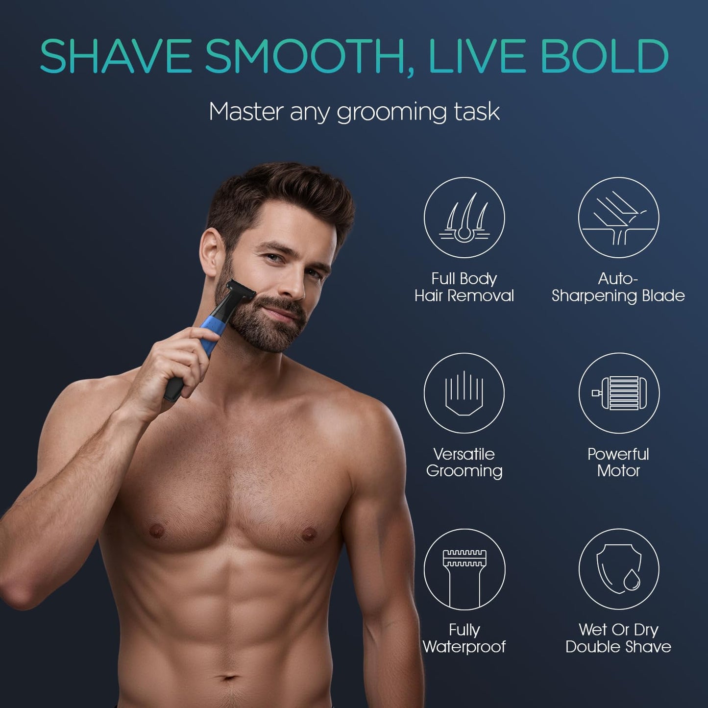 Beard Trimmer for Men - Cordless Electric Razor with Adjustable Length Combs | All-in-1 Grooming Kit (Blue)