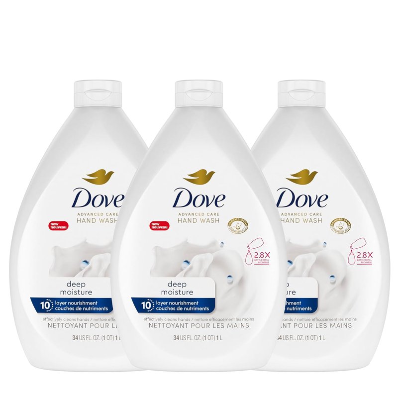 Dove Advanced Care Hand Wash Refill - Deep Moisture Liquid Soap | 34 oz Value Size, Pack of 3 for Dry Skin