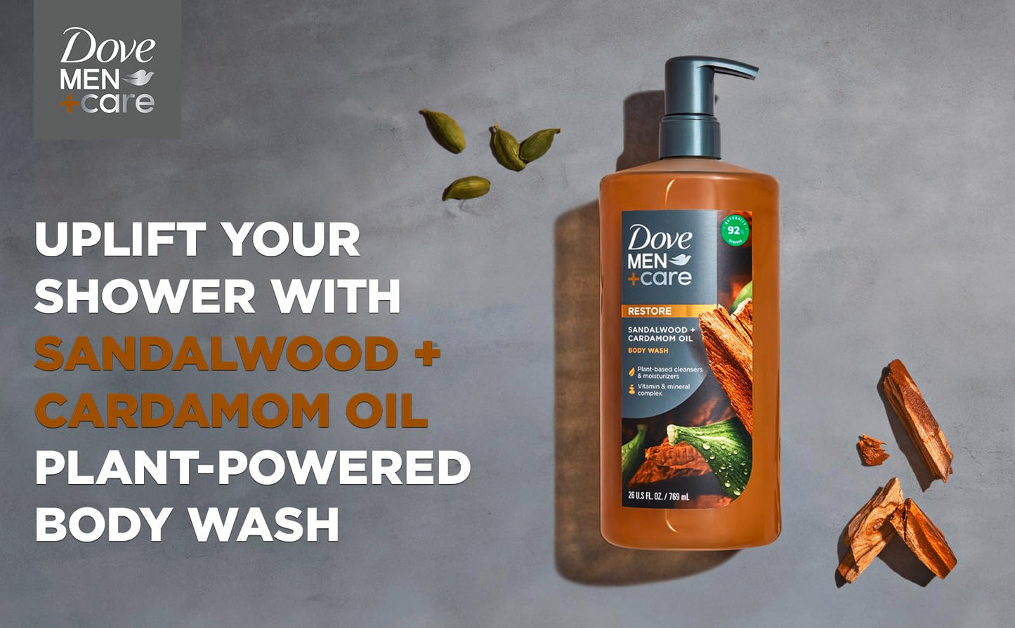 DOVE MEN + CARE Body Wash Sandalwood + Cardamom Oil to Rebuild Skin in the Shower & Elements Body Wash Charcoal + Clay