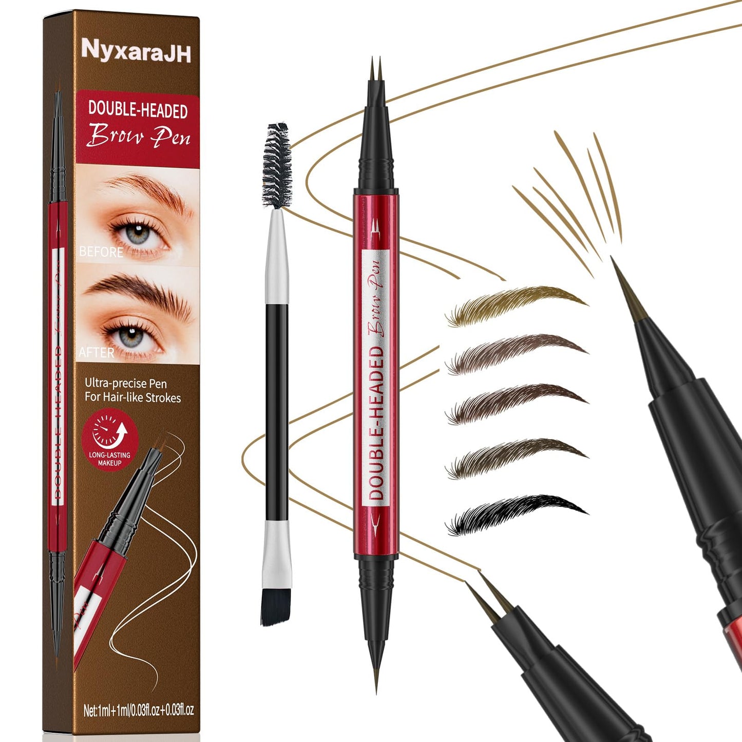 NyxaraJH Double-Headed Eyebrow Pen, Ultra-Precise Hair-Like Strokes, Long-Lasting Makeup, 0.03mm Precision Nibs, Available in Light Brown, Brown, Dark Brown, Black Brown, Black (4#Black Brown)