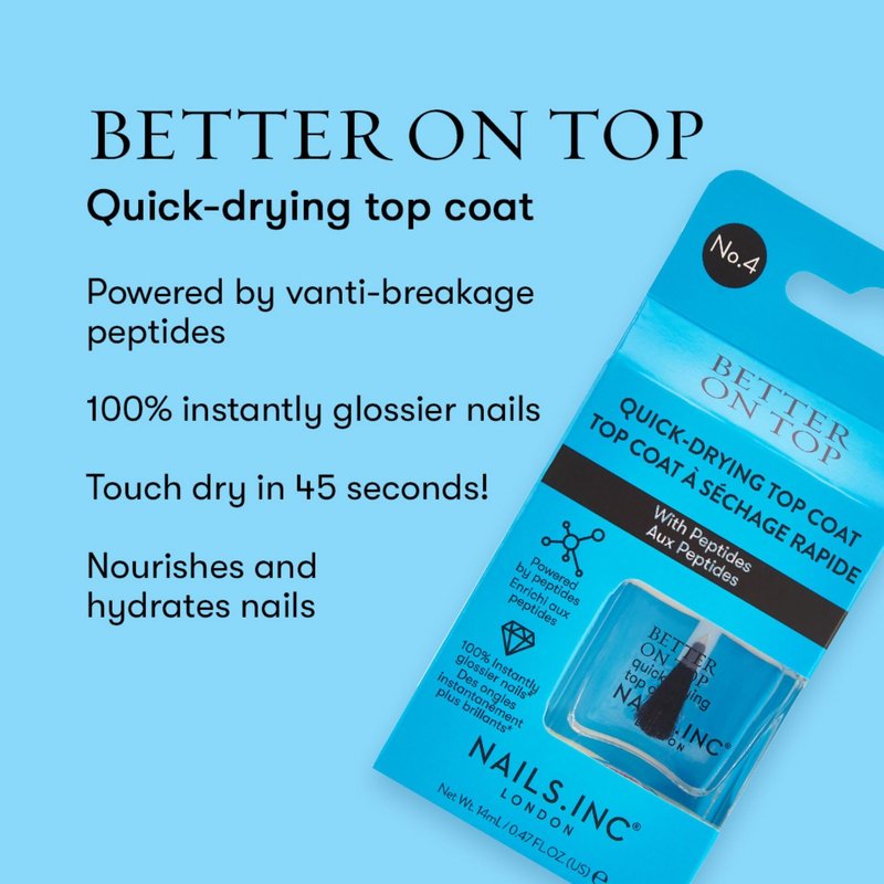 Nails Inc Better On Top, With Peptides, Glossy, Top Coat, High Shine, No Chip, Long Lasting, Quick Dry, Air Dry, Professional Manicure & Pedicure, Fingernails & Toenails, Vegan Nail Polish, 0.47 Fl Oz