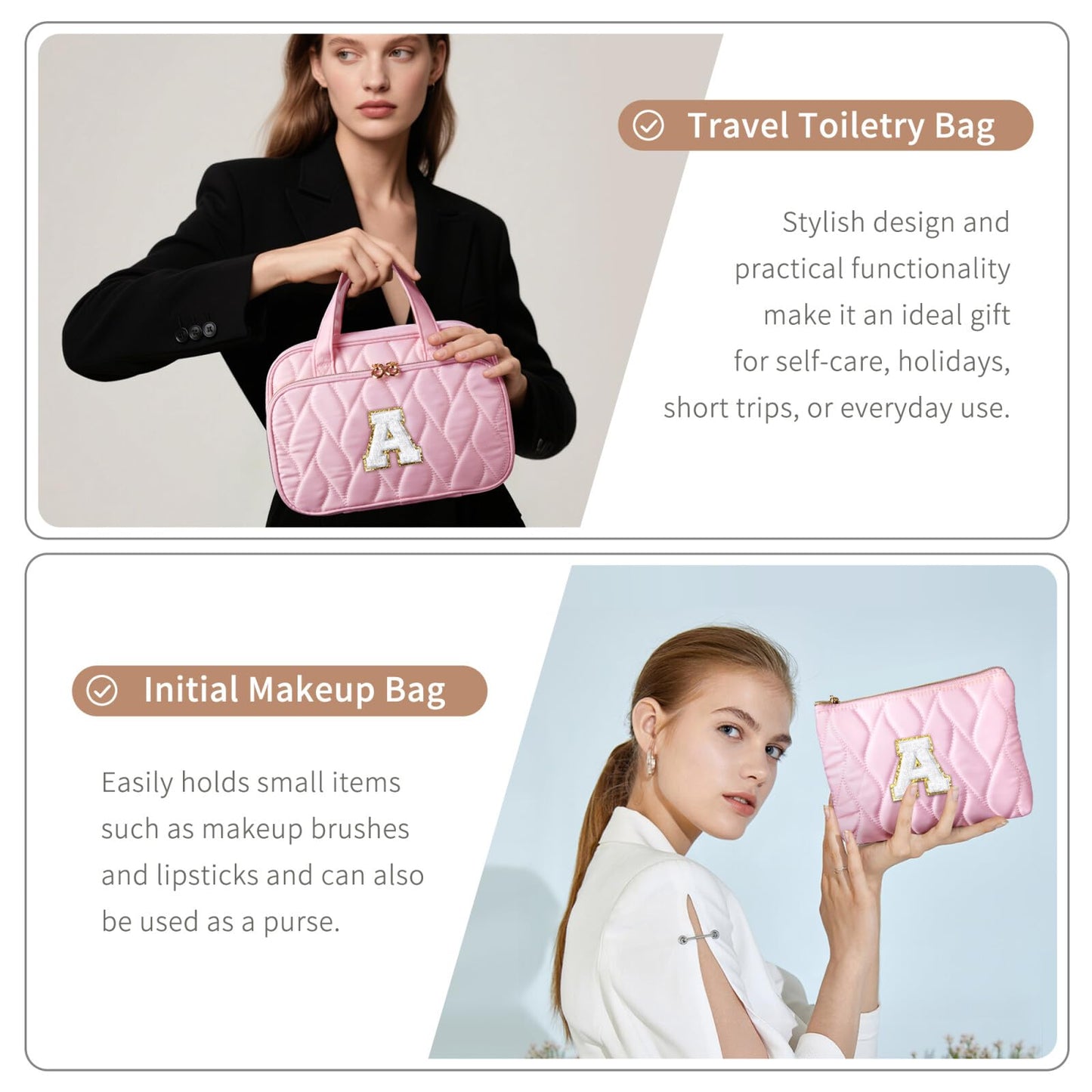 YOOLIFE Travel Toiletry Bag for Women - Hanging Toiletry Bag, Large Capacity Personalized Makeup Pouch, Travel Essentials - Letter Pink D