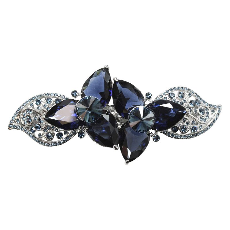 Navy Blue CZ Crystal Floral Hair Barrette Clip - Heavy Duty Design