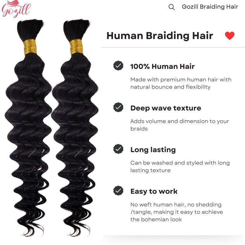 Deep Wave Human Braiding Hair for Boho Braids 1b Black Curly Human Hair Bundles for Braiding 2 Bundles/Pack 20Inch