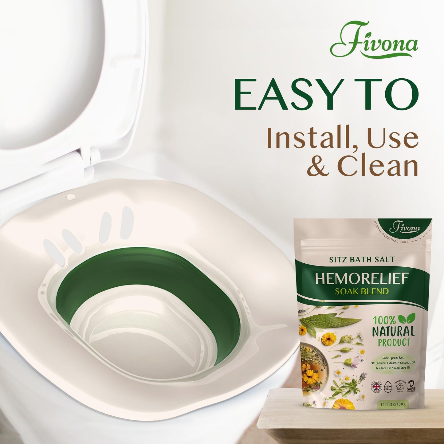 Fivona 2-in-1 Sitz Bath Soak Kit Over The Toilet Seat with Epsom Salt Blend with Essential Oils for Hemorrhoids and Postpartum Care Ideal for Perineal Soaking and Fast Irritation Relief