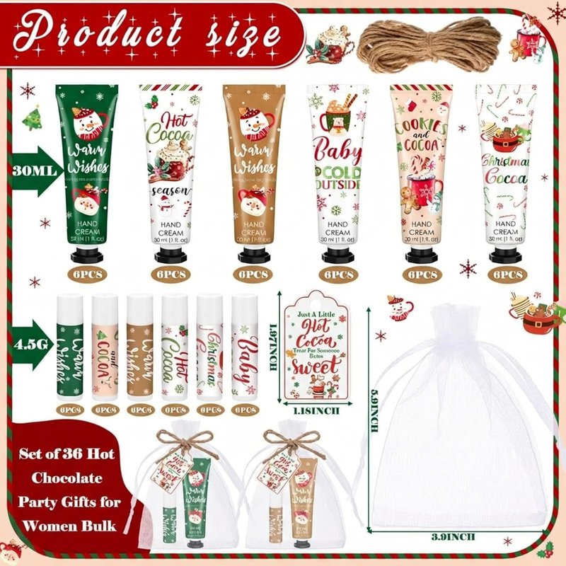 Christmas Hot Cocoa Party Favors - 36 Pcs Hand Cream & Lip Balm Gift Set | Red & Green Stocking Stuffers