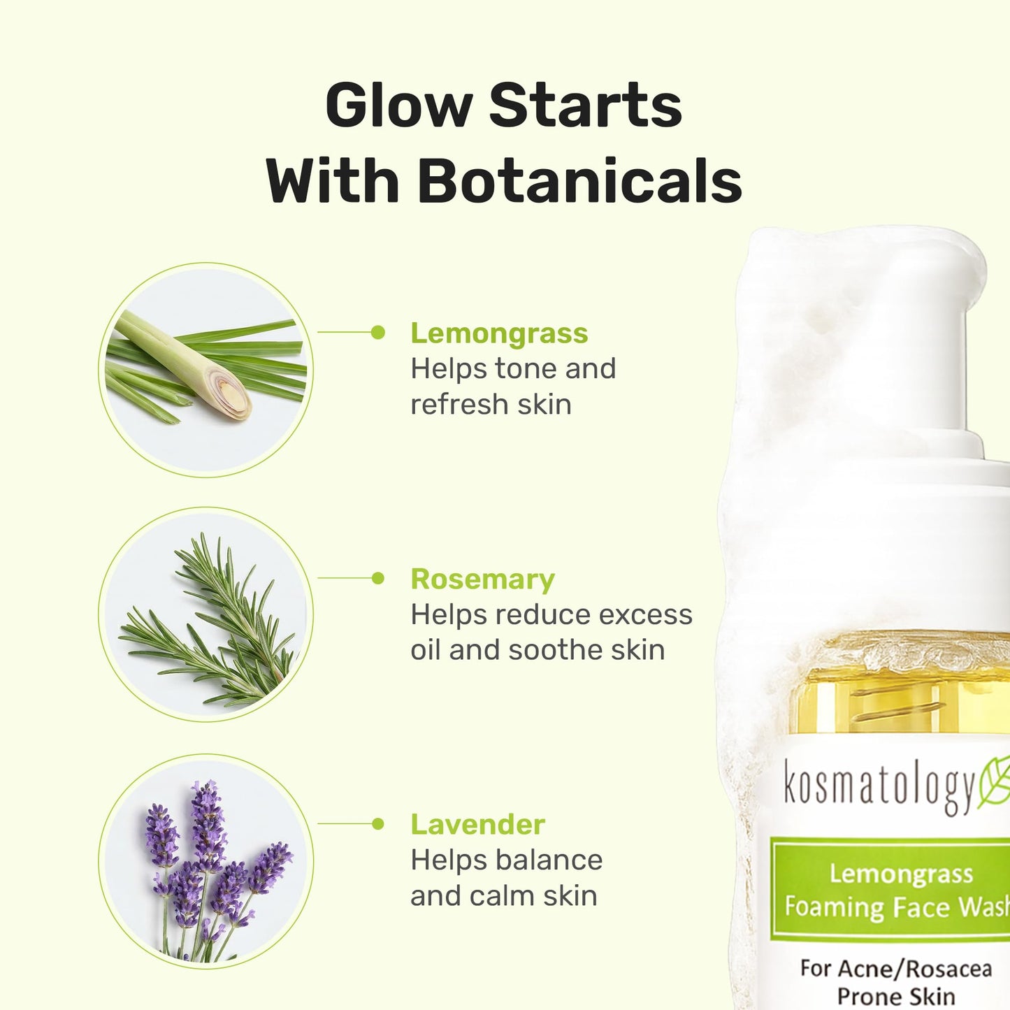 kosmatology Lemongrass Foaming Face Wash - Organic Acne Face Wash & Hydrating Facial Cleanser - Natural Face Wash for Acne-Prone skin, 6.0 oz.
