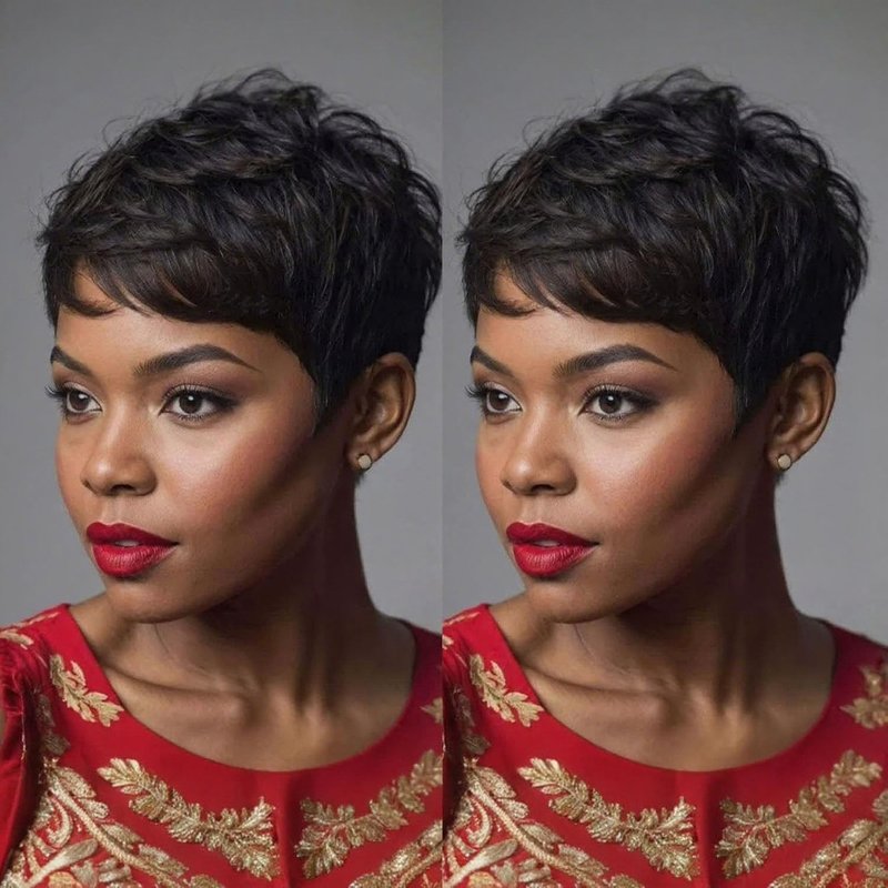Pixie Cut Wig - Human Hair Short Layered Wig for Black Women | Glueless Full Machine Made with Bangs, Black Color