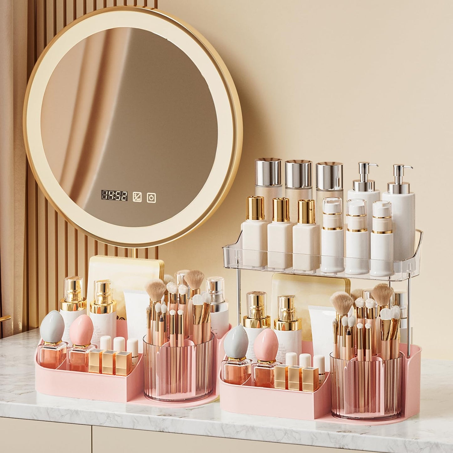 DASITON Large Capacity Makeup Organizer with 360° Rotating Makeup Brush Holder, Perfume and Skincare Storage Organizers for Vanity Bathroom Countertop, Cosmetic Display Case (Pink, 2 Tier)