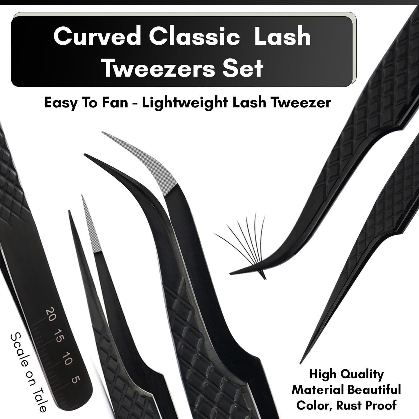 My Lash Tools Fiber Tip Lash Tweezers for Lash Extensions Precision Boot Volume Eyelash Extensions Tweezers Japanese Steel Curved Isolation Tweezer Set Fiber grip tweezers pinzas para (5pcs, Black)