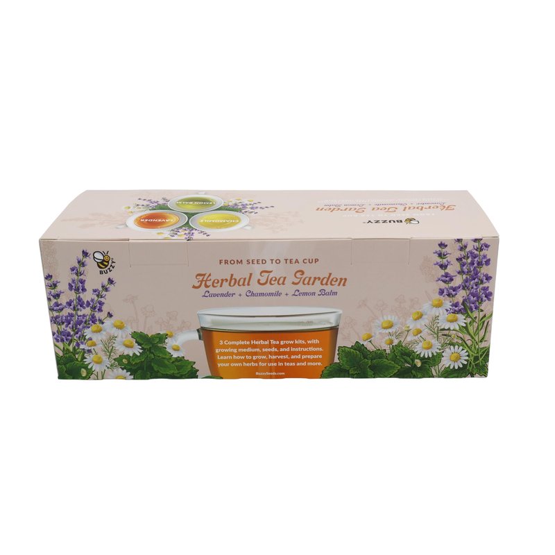 BUZZY Seeds Herbal Tea Garden Grow Kit – 3 Square Tin Planters with Lavender, Chamomile & Lemon Balm Seeds, Easy Indoor Herb Starter, Relaxing Gardening Gift Set