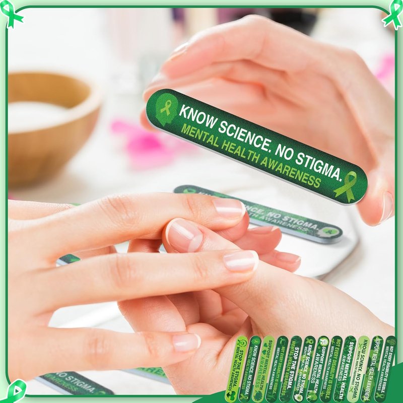 48 Pcs Green Ribbon Emery Boards - Double-Sided Nail Files for Mental Health Awareness | Manicure Tools in 12 Styles