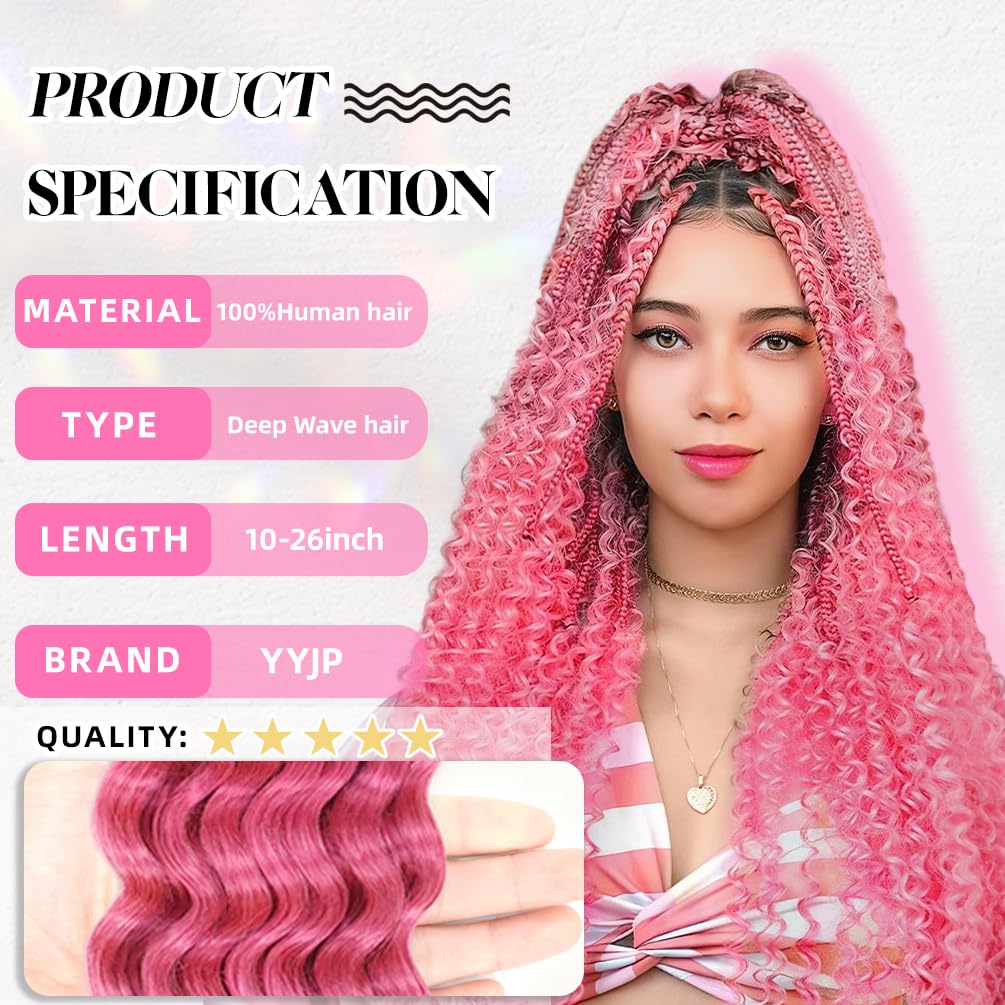 14 Inch Deep Wave Human Braiding Hair for Boho Braids – 50g 1 Bundles/Pack Pink 100% Unprocessed 12A Brazilian Virgin Human Hair Bulk, No Weft, Wet & Wavy Curly Extensions