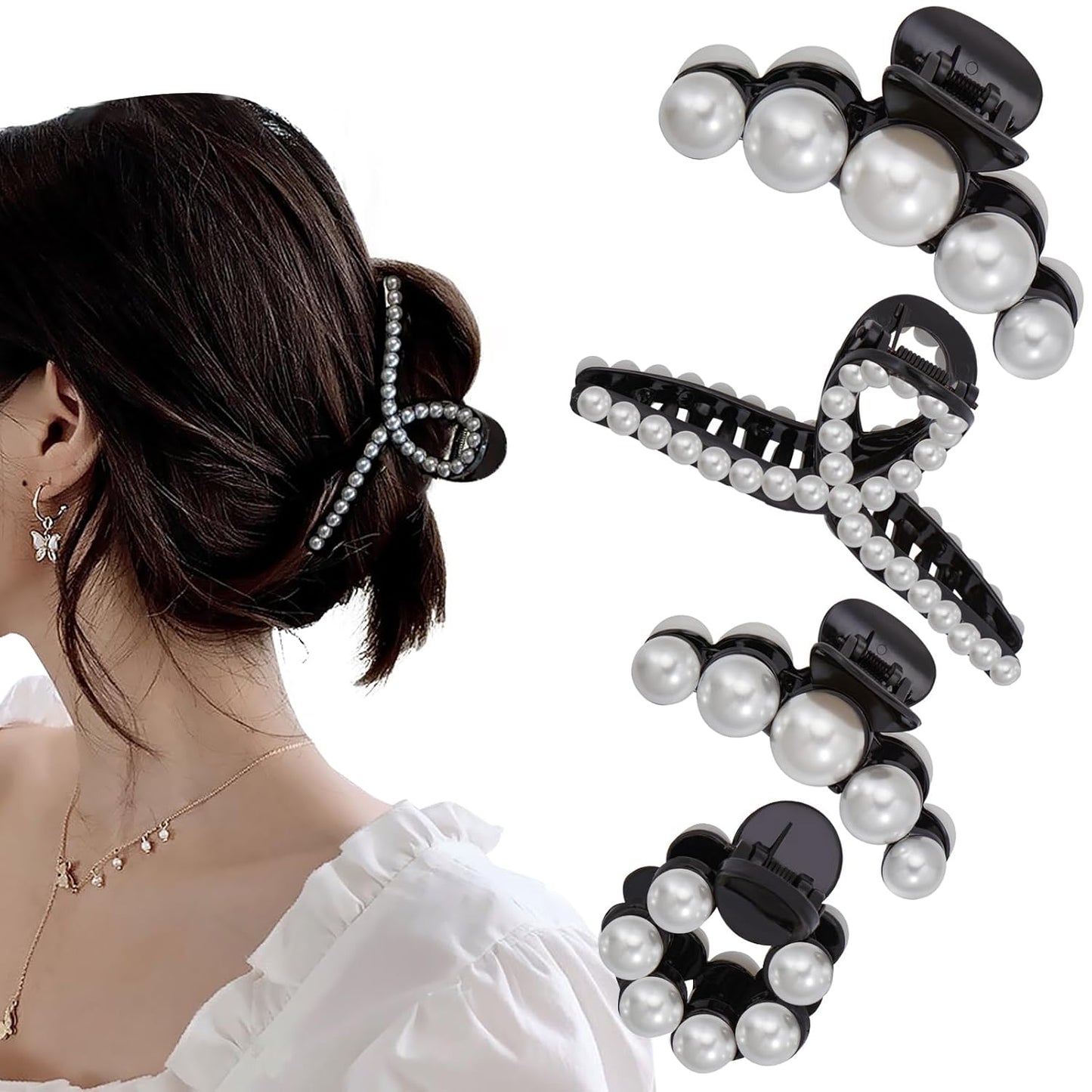 Mehayi 4 PCS Large Pearl Hair Claw Clips for Women Girls, Hair Barrette Clamps for Thick Thin Hair, Fashion Hair Accessories Headwear Styling Tools for Party Wedding