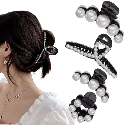 Mehayi 4 PCS Large Pearl Hair Claw Clips for Women Girls, Hair Barrette Clamps for Thick Thin Hair, Fashion Hair Accessories Headwear Styling Tools for Party Wedding