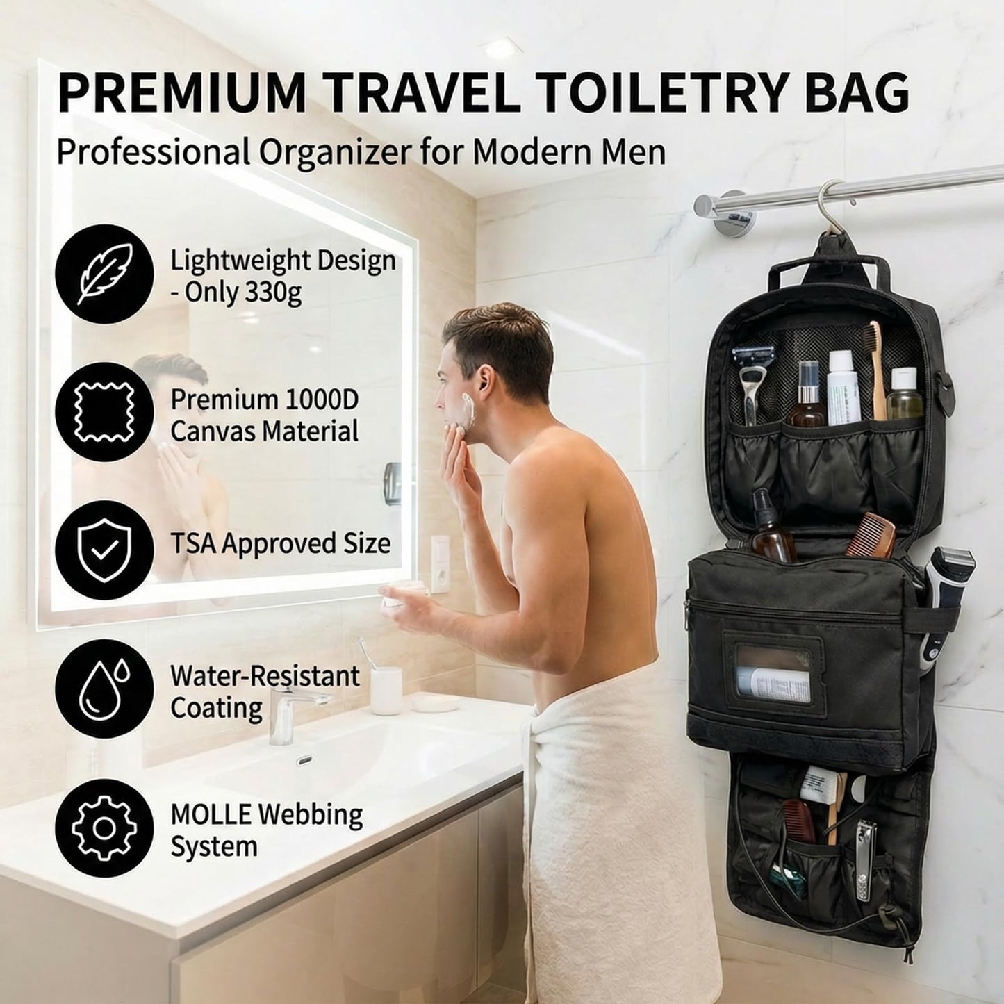GVCELS Mens Toiletry Travel Bag Tactical Toiletry Bag for Men Bathroom Dopp Kit Hanging Travel Toiletry Bag for Men Shaving Hygiene Bag Travel Toiletry Organizer Short Trips Bag, Black