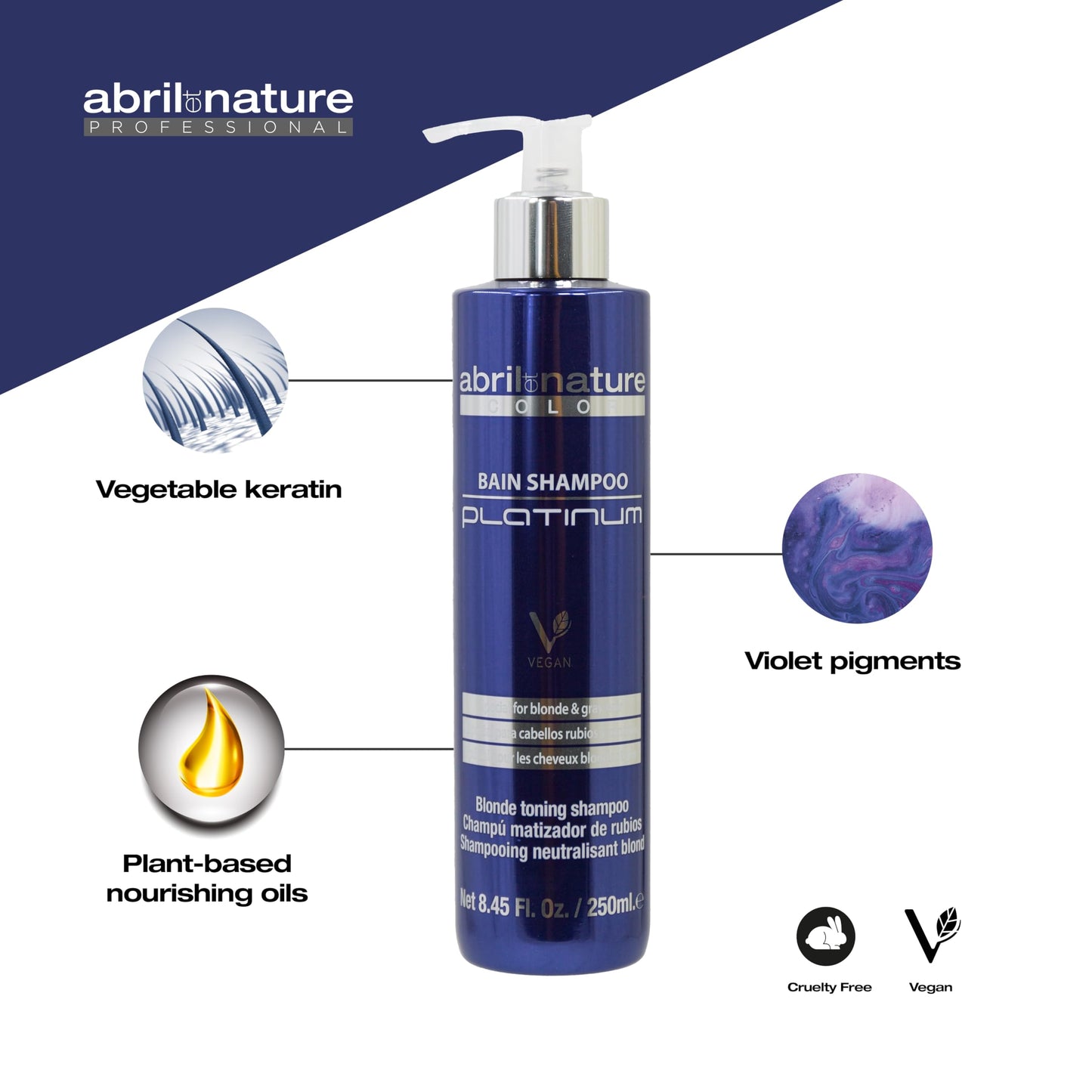 Abril Et Nature Bain Shampoo Platinum - 1000 ml - Purple Toning Shampoo - to Tone Down Grey or Bleached Hair - Eliminates Brassy Yellow Tones-Keratin Hair Treatment