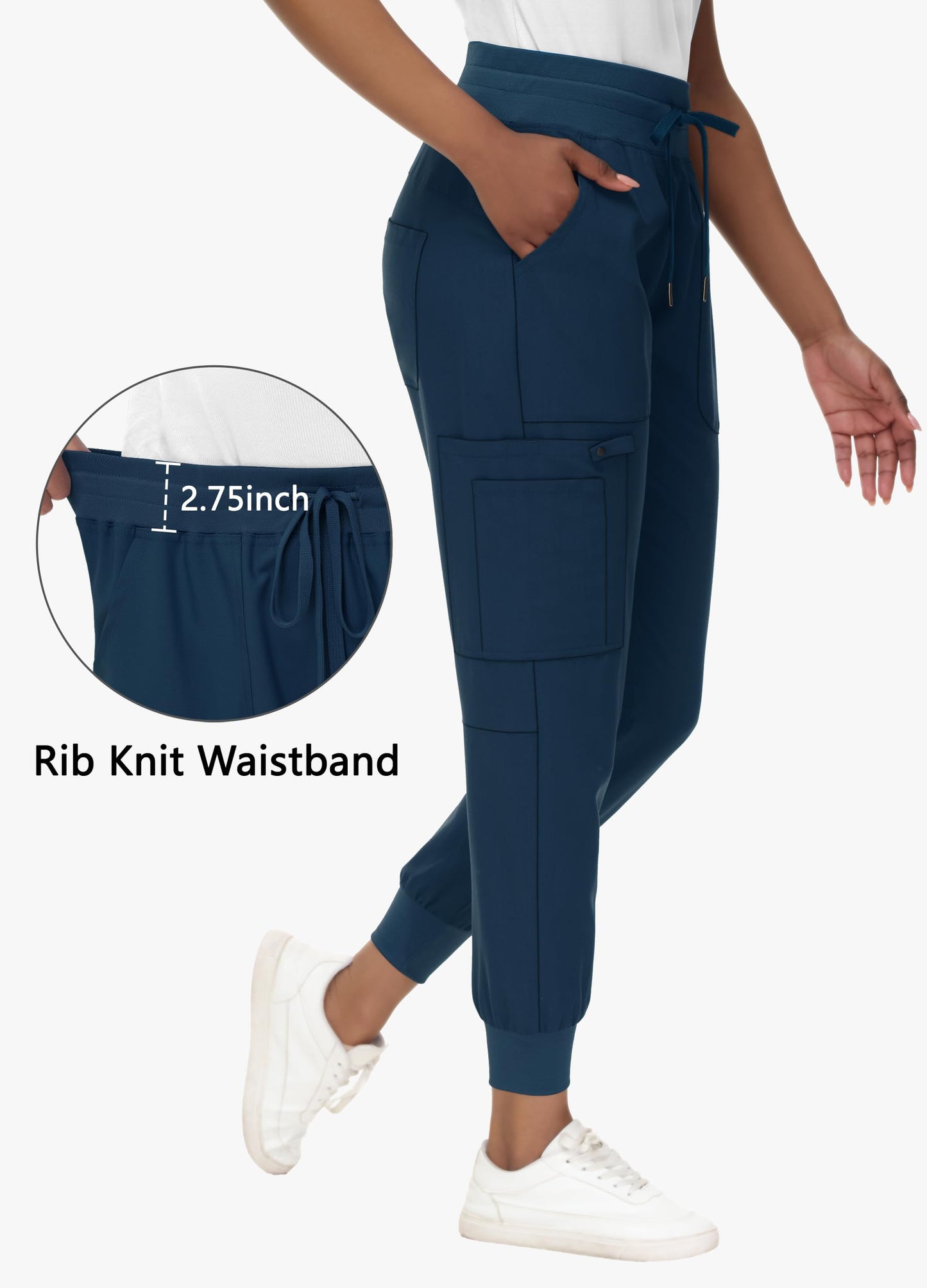 MIVEI High Waisted Jogger Style Scrub Pants for Women - 8 Pockets Medical Bottoms Tapered Yoga Waistband Ribbed Ankle Petite Navy