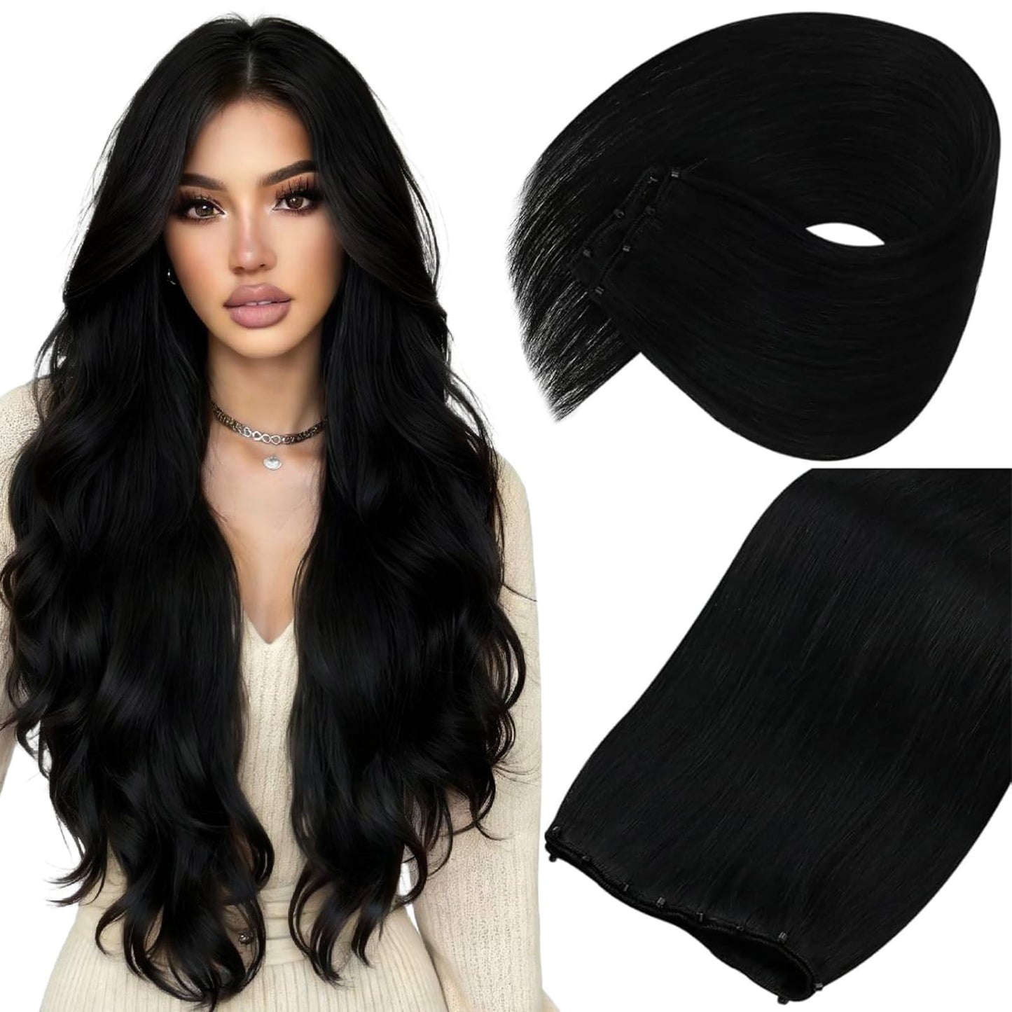 Sunny Hair Beaded Weft Hair Extensions Human Hair Black Micro Weft Sew in Extensions Real Human Hair Straight Hair Extensions Micro Beaded Hair Wefts Natural Black 16 inch 50G