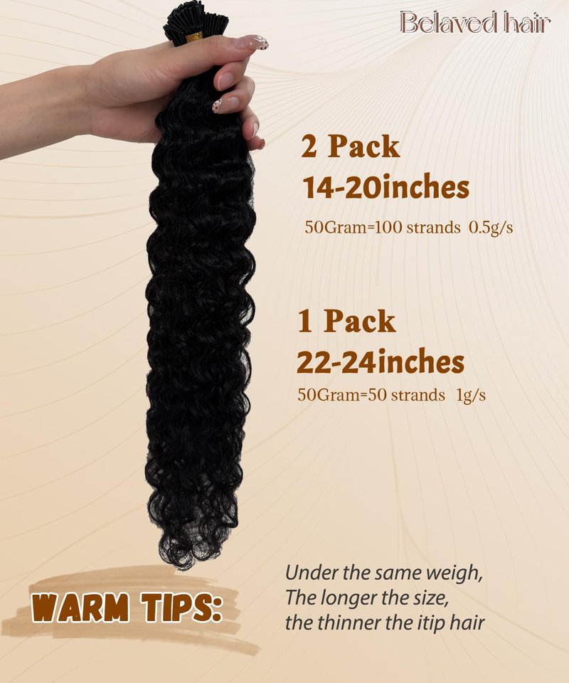 Water Wave I-Tip Hair Extensions - Human Hair Microlinks for Natural Blends | 50g, 20 Inch, Black