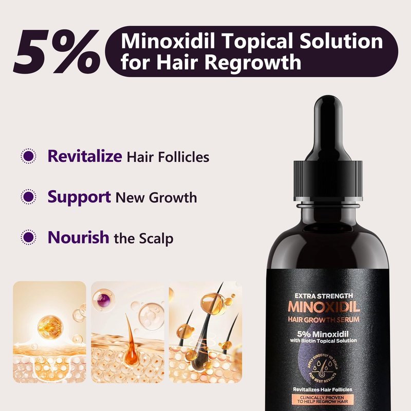 5% Minoxidil Hair Growth Serum for Women: Extra Strength Hair Loss Treatment with Biotin for Thinning Hair - Regrowth Topical Solution - 3 Month Supply