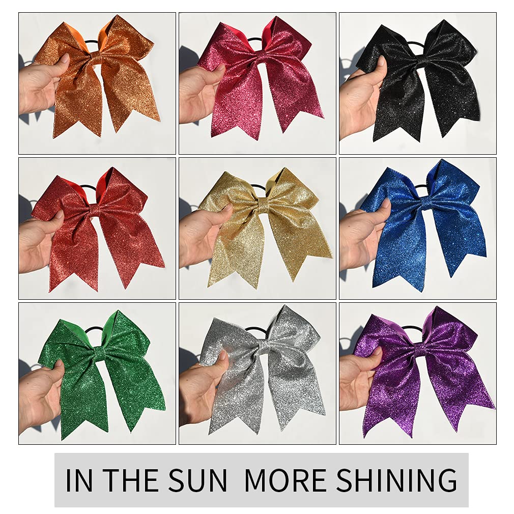 DEEKA 12 PCS 7" Large Glitter Cheer Bows Shiny Cheer Hair Bows Ponytail Holder Handmade for Cheerleader Girls Softball Sports -Red
