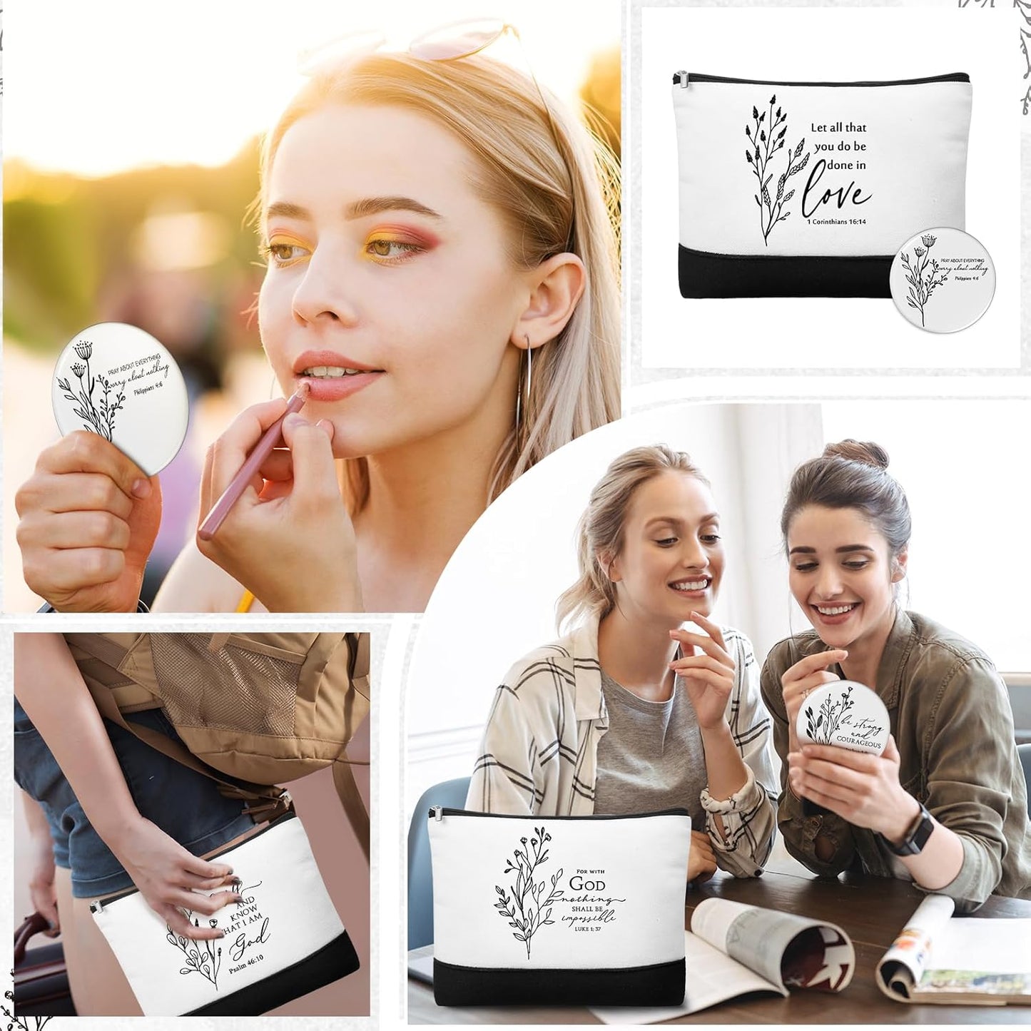 Christian Gifts for Women - 20 Inspirational Canvas Makeup Bags & Mini Bible Verse Mirrors | Bulk Set for Church, Mom, Pastor, Sunday School