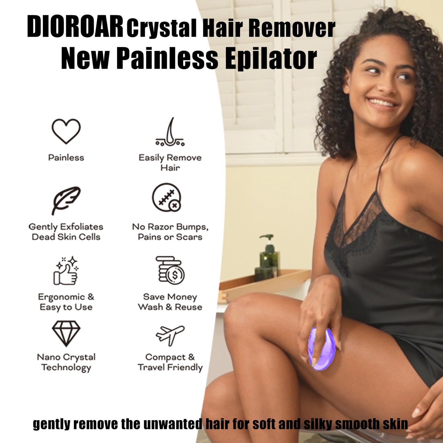 DIOROAR Crystal Hair Eraser,Upgrade Crystal Hair Remover,Physical Nano Glass Hair Removal Device,Painless Epilator and Exfoliator Without Shaver for Quick Soft Silky Skin(Violet)