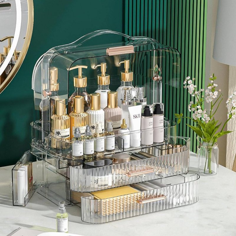 EachDusto Clear Cosmetics Storage Box Transparent Lid Large Makeup Organizer Box Drawers Portable Handle Waterproof Dustproof Skincare Display Cases for Countertop Bathroom Dresser Gift