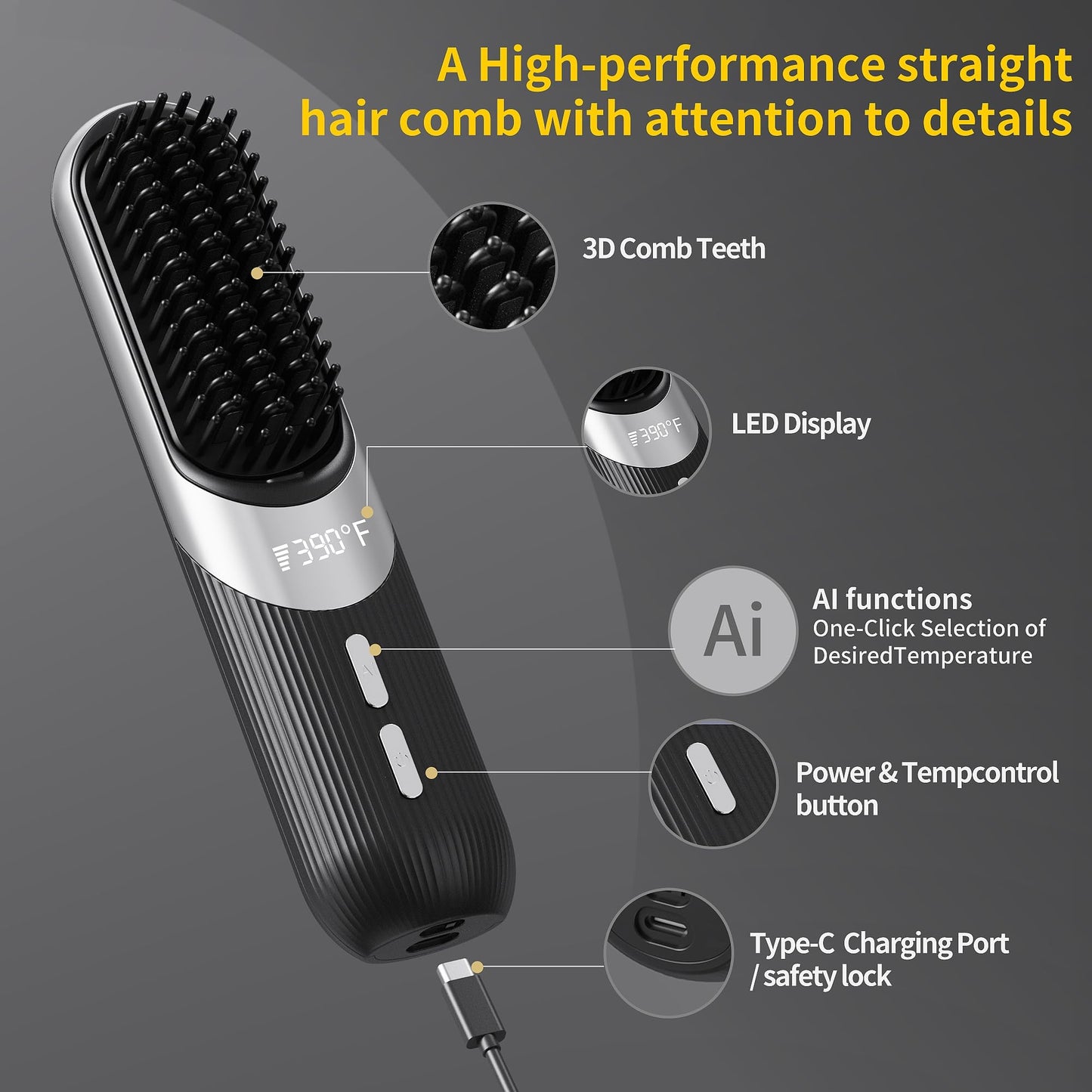 Cordless Hair Styling Brush 2-in-1 AI Smart Styler Fast Heat 30 Seconds USB Rechargeable Dual Power LCD Display Portable Travel Comb Includes Pouch (Black)
