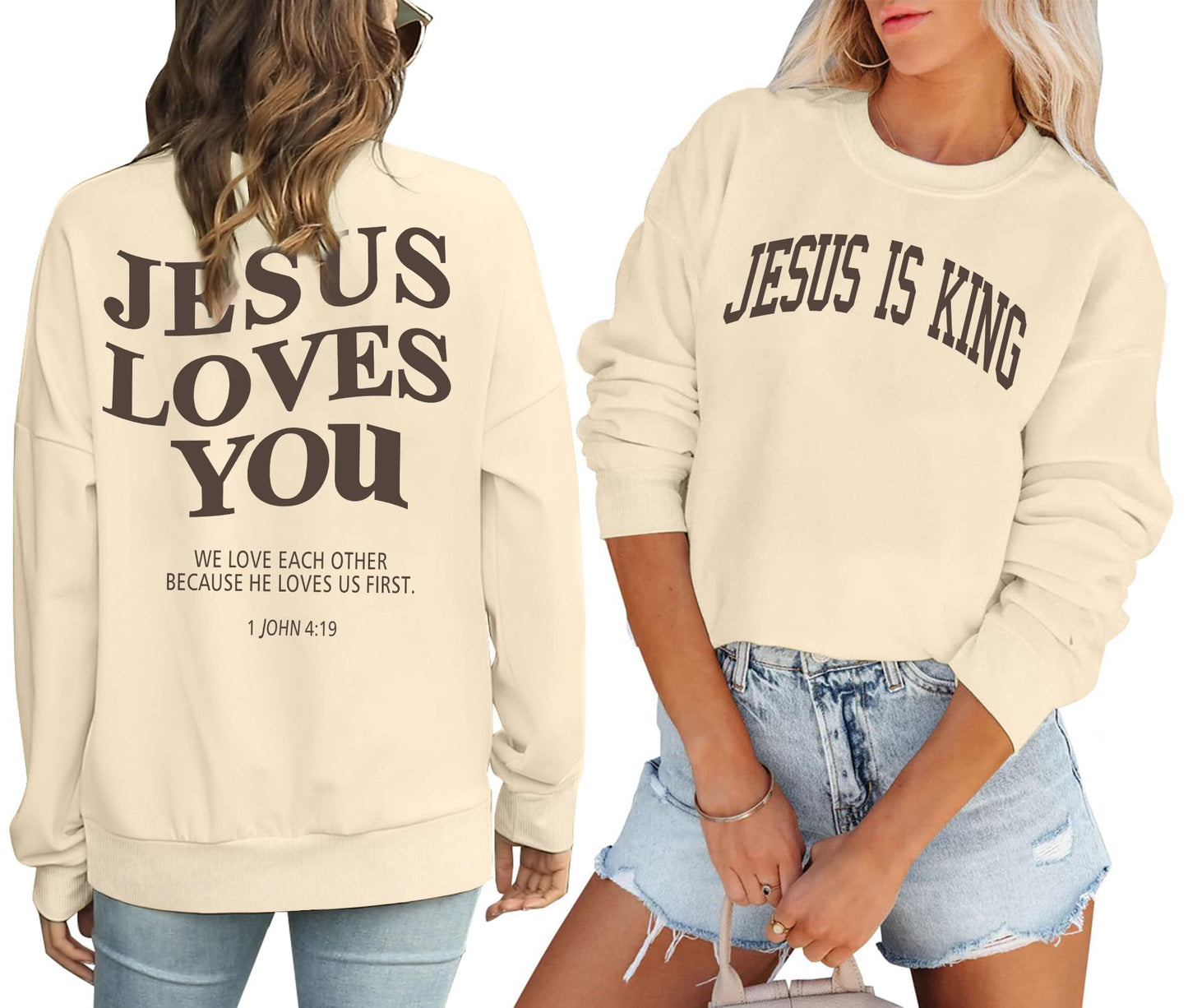 Zylkor Christian Sweatshirts for Women Jesus is King Letter Sweatshirt Jesus Loves You Sweater Beige