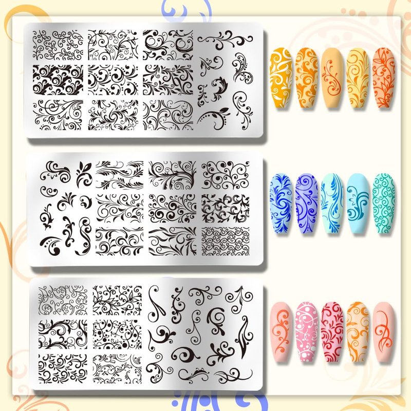 PH PandaHall 3pcs Swirl Pattern Nail Art Templates, French Nail Stamping Plate 52 Patterns Plant Floral Nail Art Stencils Stainless Steel Stamping Plates for Nail Design Print Manicure Salon Spring