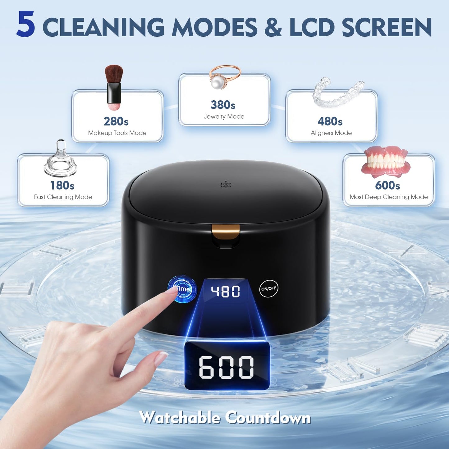 Ultrasonic Retainer Cleaner - 45kHz Sonic Dental Cleaning Machine for Dentures, Mouth Guards & Jewelry | 5 Modes, Black