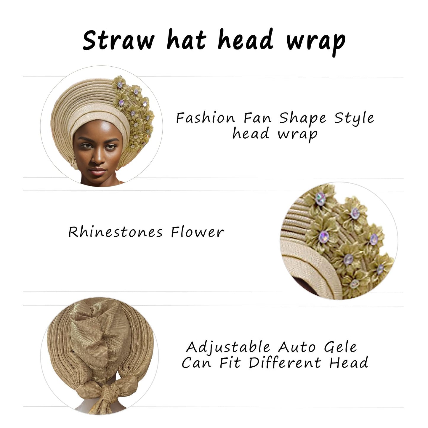 JRZXTWL African Head Wraps Fashion Headbands Stones ASO Oke Auto Gele Headtie Already Made Women's Hats Caps for Wedding Party. (golden, Standard)