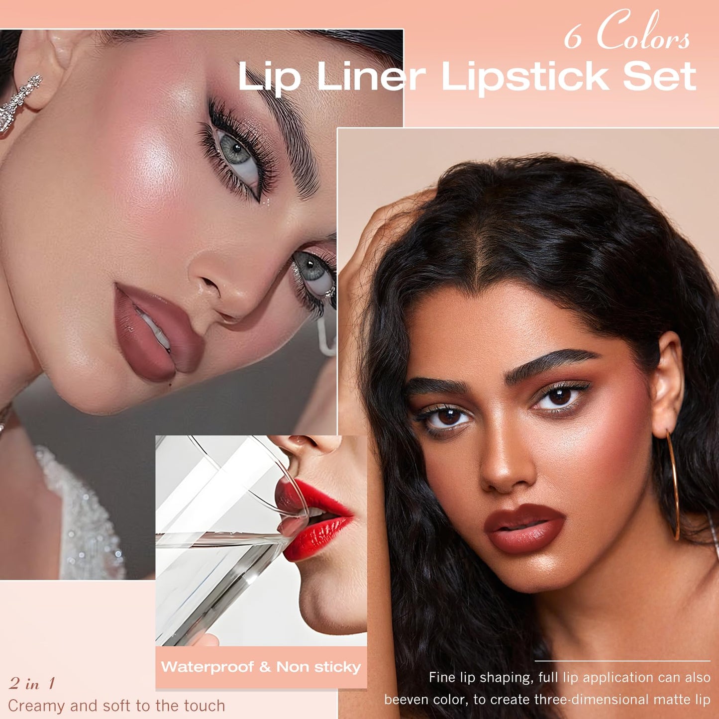 Wugbc Brown Lip Liner Set 6 Colors 2 in 1 Gradient Lip Liner and Lipstick Combo Long lasting Dark Brown Red Creamy Lip Pencil Contour Matte Lipstick for Women Smooth High Pigmented Crayon Cone Tip