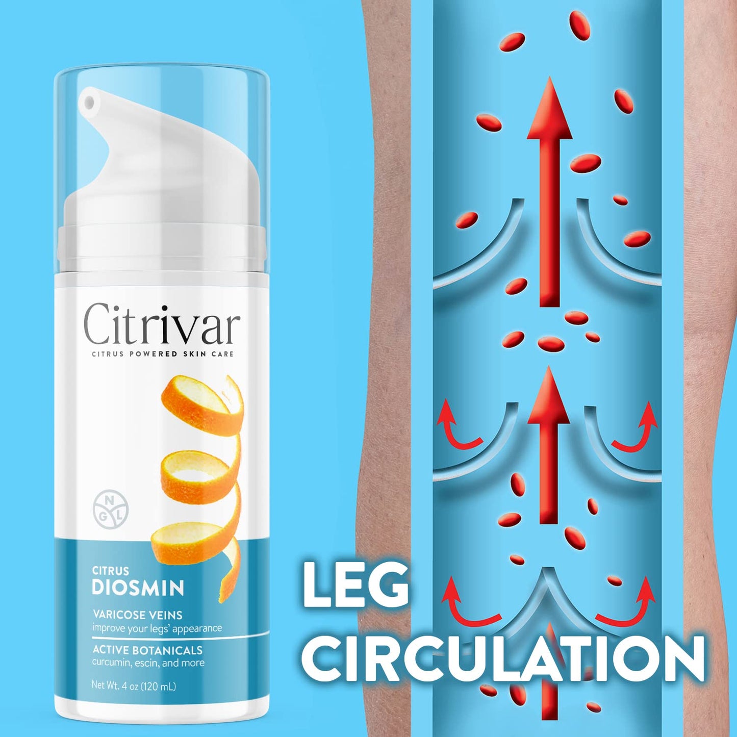NGL Citrivar Leg Cream - Soothing Mint Tonifier with Diosmin, Butcher's Broom, Aescin, Rutin, Curcumin - 120 mL