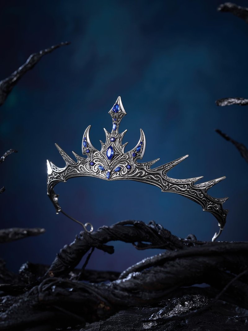 SWEETV Gothic Crowns for Women Tiara Queen Crown Witch Hair Accessories for Costume Halloween Prom Party (Silver+Blue)