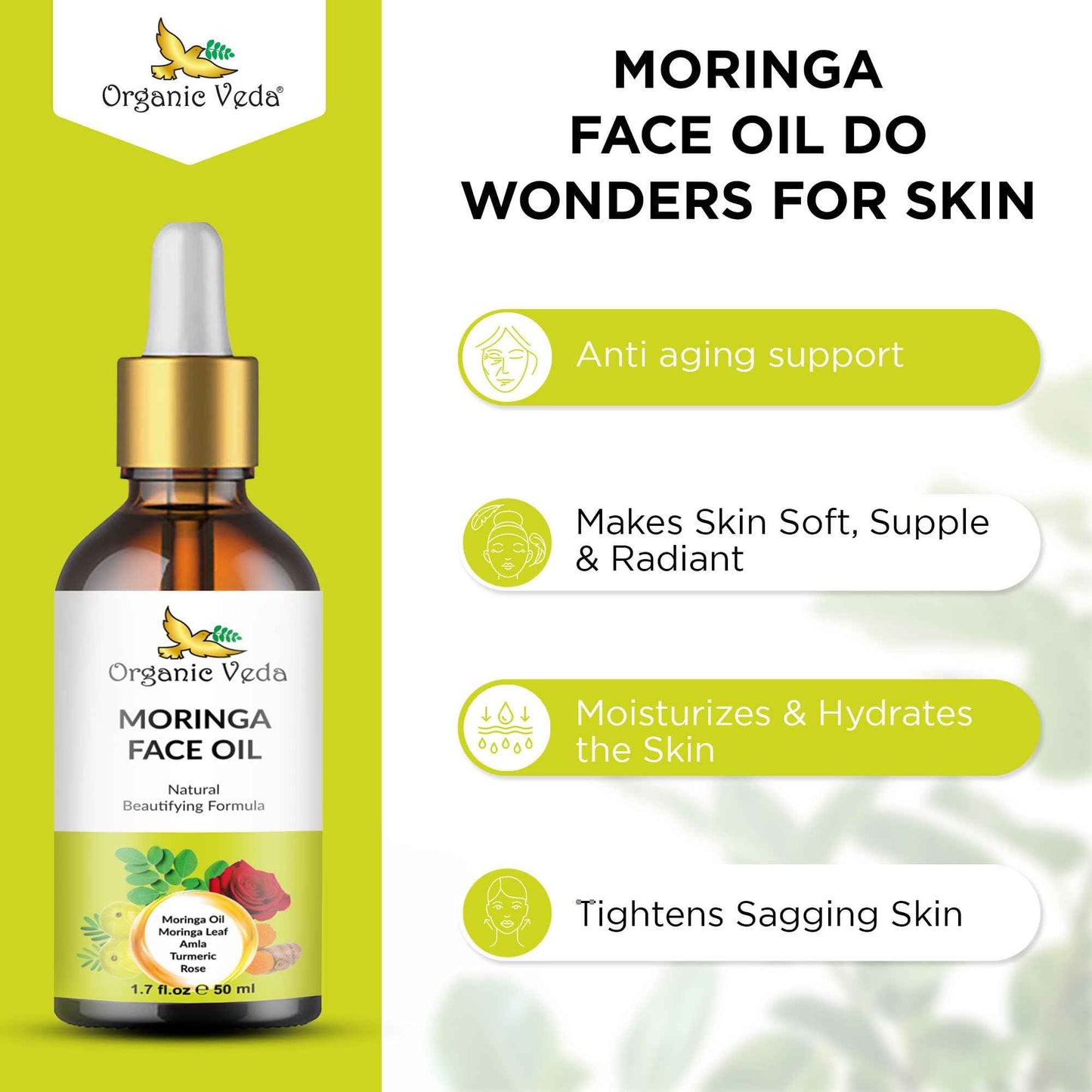 Organic Veda Moringa Face Oil - Hydrating, Fast Absorbing, Miracle Tree Antioxidants, Facial Serum - Organic Moringa Oil, Turmeric, Rose -Anti-Aging, Non-Greasy Day & Night Beautifying Oil -50ml