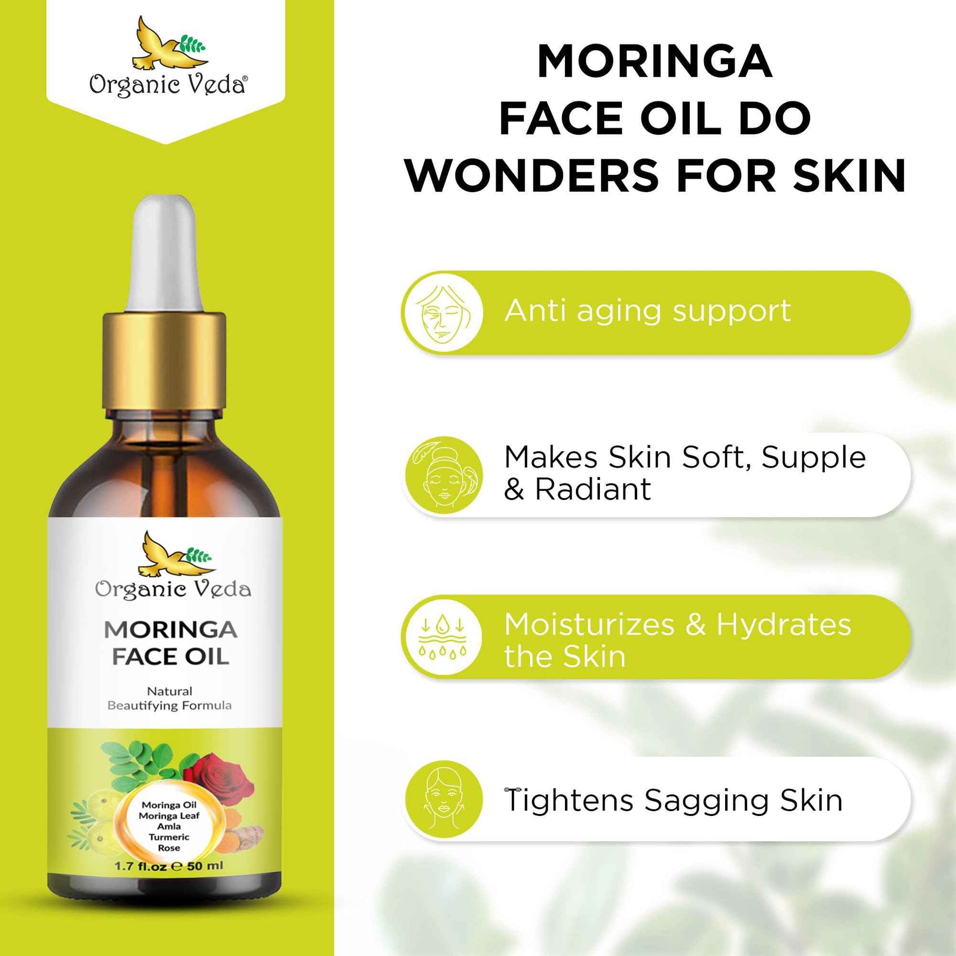 Organic Veda Moringa Face Oil - Hydrating, Fast Absorbing, Miracle Tree Antioxidants, Facial Serum - Organic Moringa Oil, Turmeric, Rose -Anti-Aging, Non-Greasy Day & Night Beautifying Oil -50ml